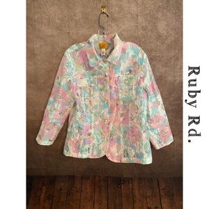 Ruby Rd.~Pastel Floral Semi-Sheer design Cropped Jacket~Women’s size 14~NWOT